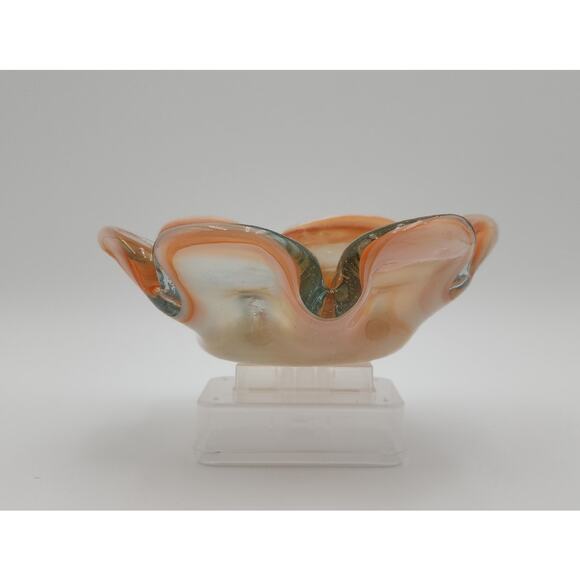 VTG MCM Mexican Handblown Glass Amber White Petal Bowl Flower Shape Trinket Dish - Picture 7 of 11